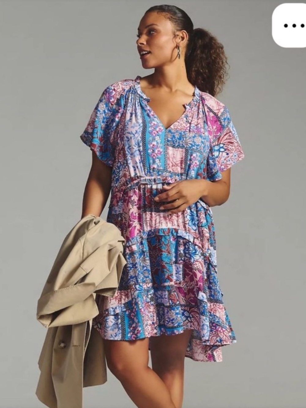 Anthropologie Robin Floral Patchwork Tiered Mini Dress V-Neck Ruffle 1X